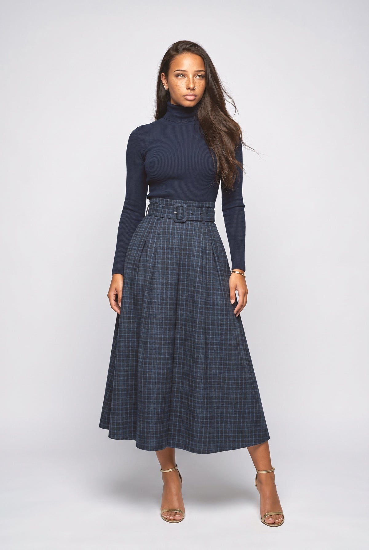 Blue Plaid High Neck Outfit Set, blue