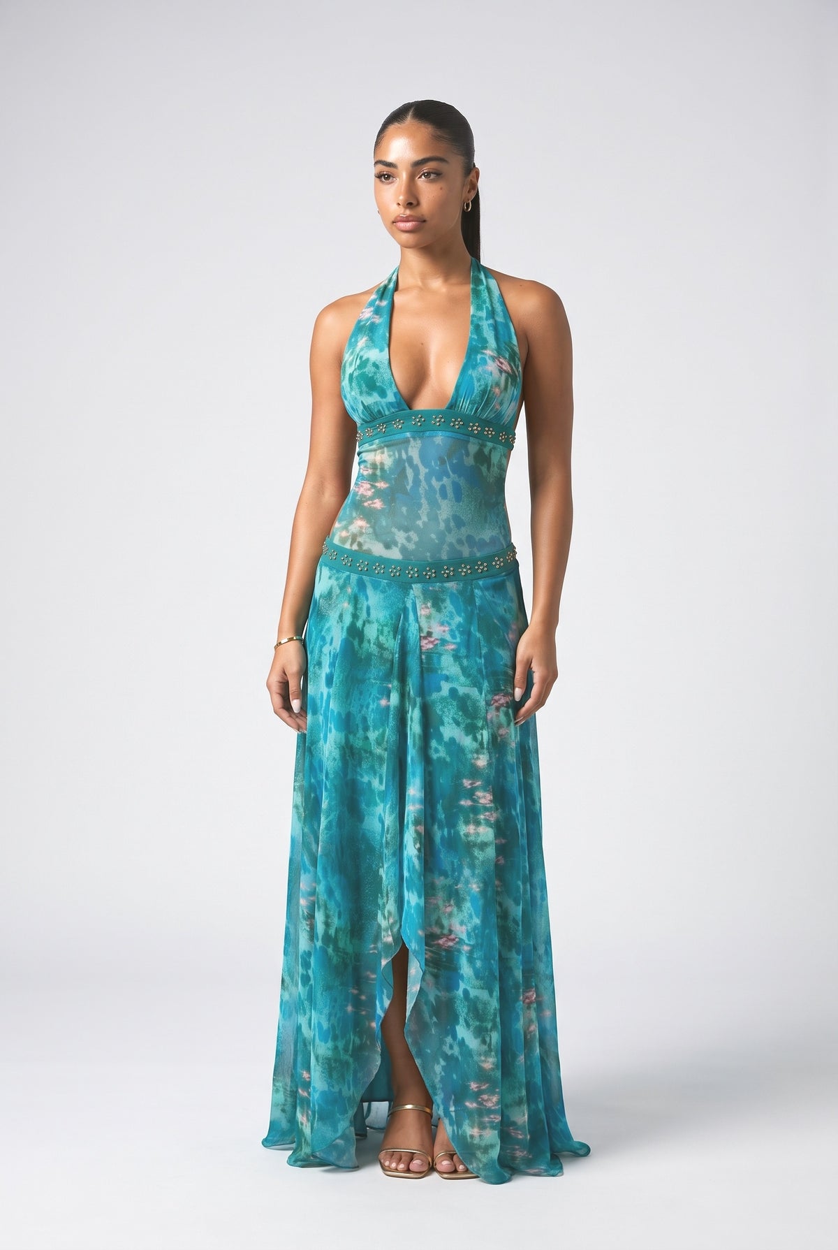 Blue Tie-Dye Chiffon V-Neck Maxi Dress, blue