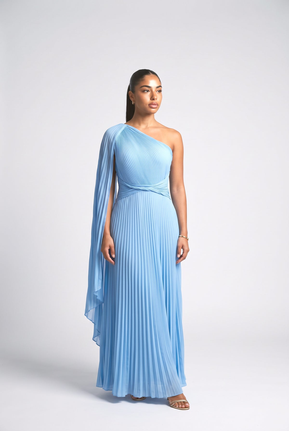 Flowing Pleated Off-the-Shoulder Maxi Dress, blue