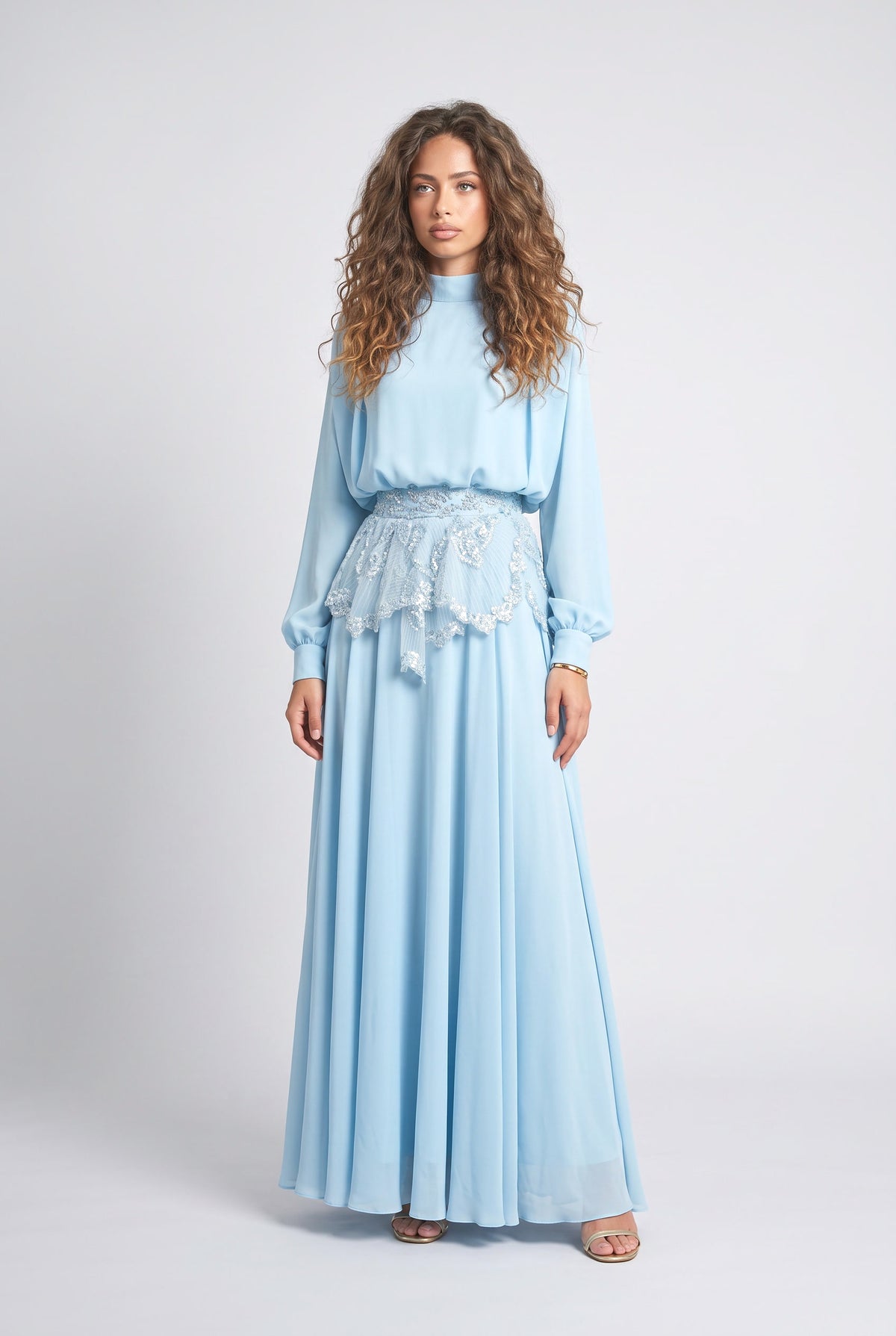 Chiffon High Neck Flowy Outfit Set, blue