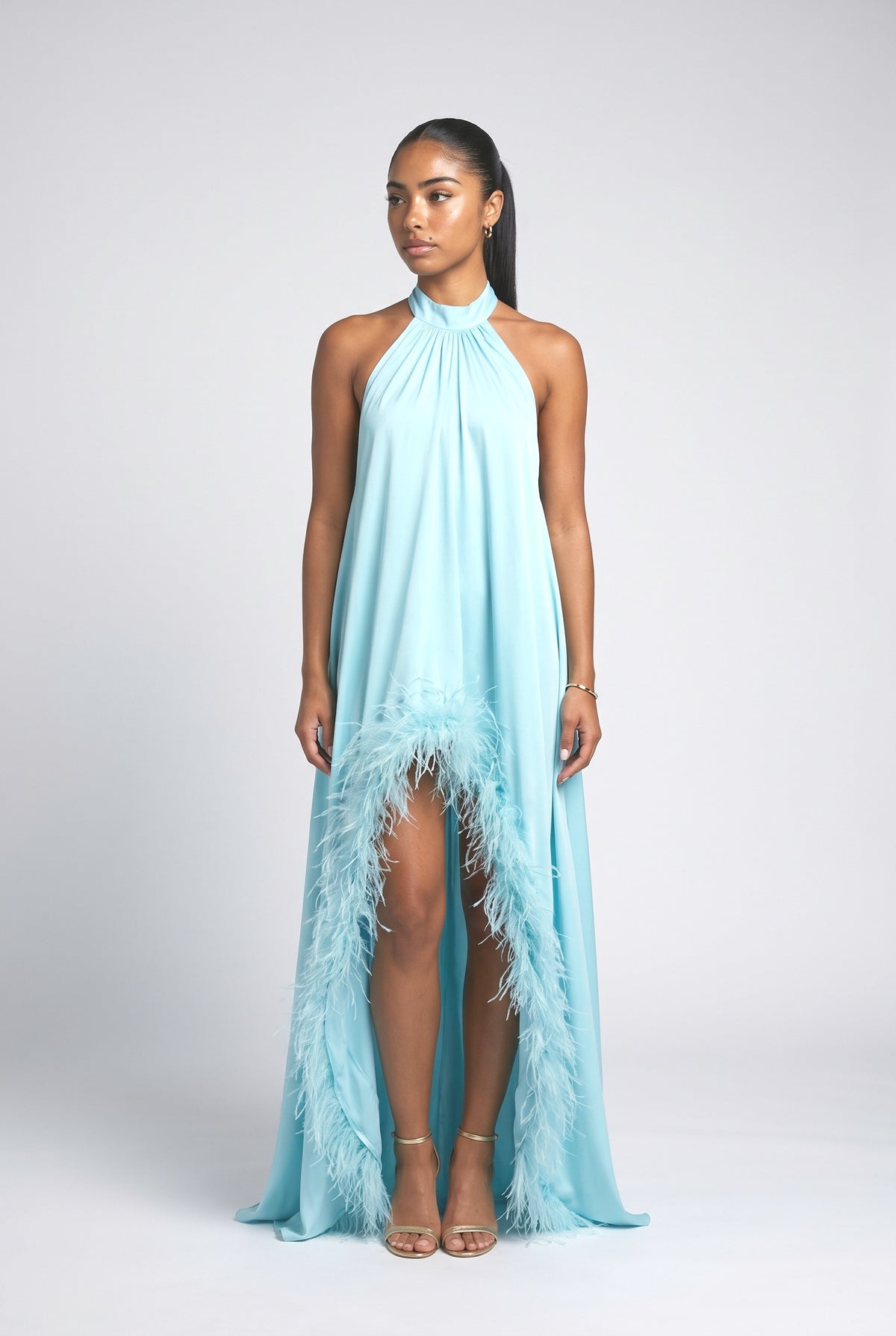 Satin Halter Neck Sleeveless Feather Trim Maxi Dress, blue