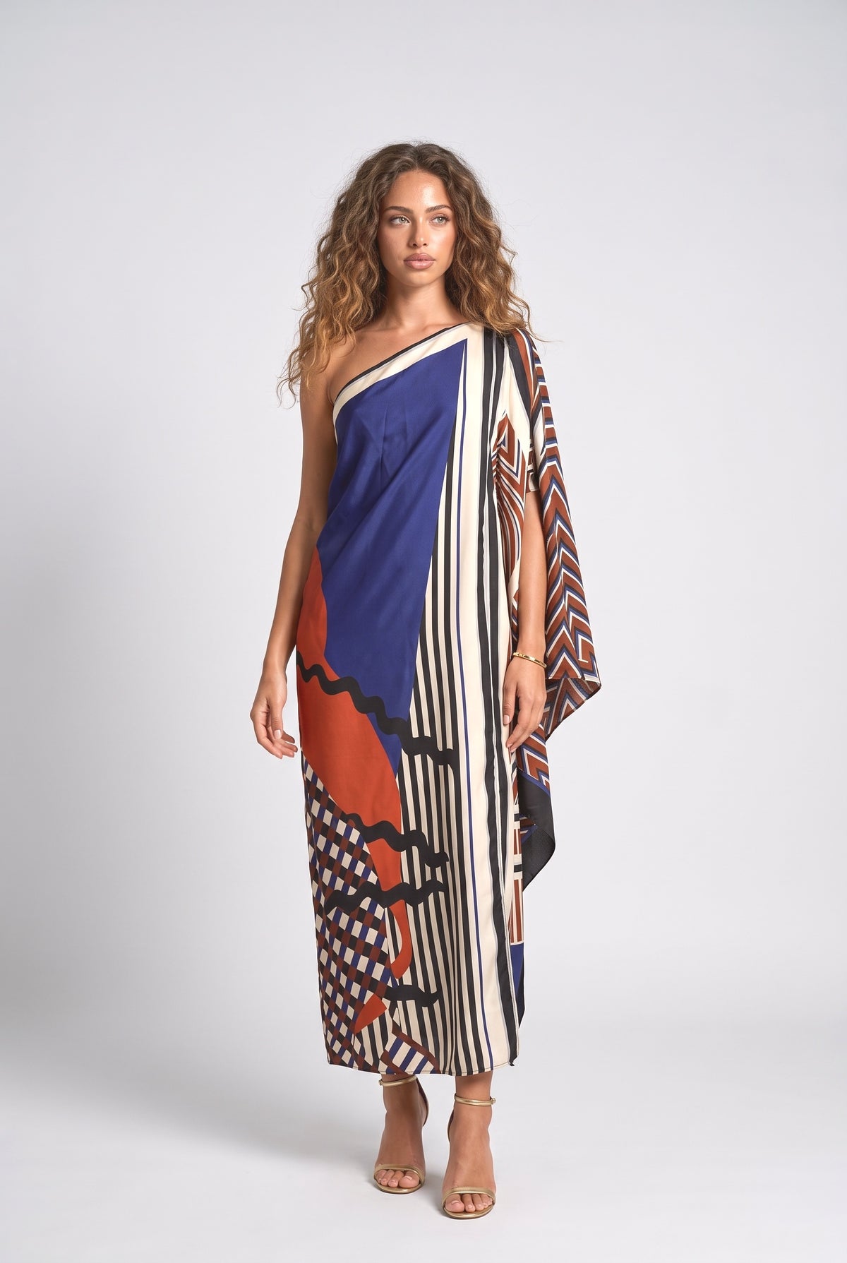 Blue Abstract One-Shoulder Draped Maxi Dress, blue