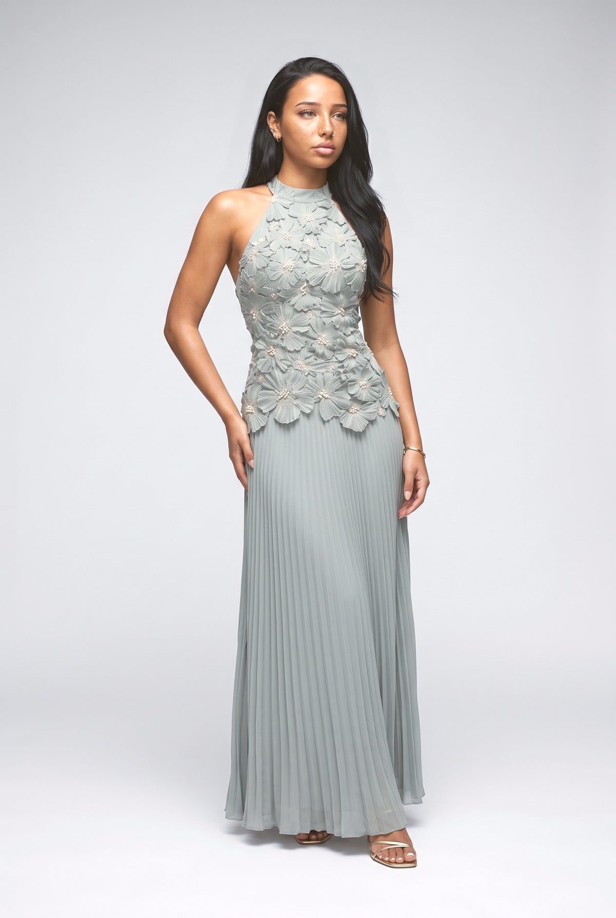 Floral Halter Neck Ruched Maxi Dress, blue