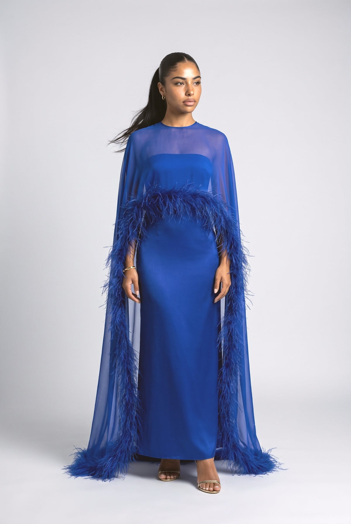 Satin Feather Trim Maxi Dress, blue