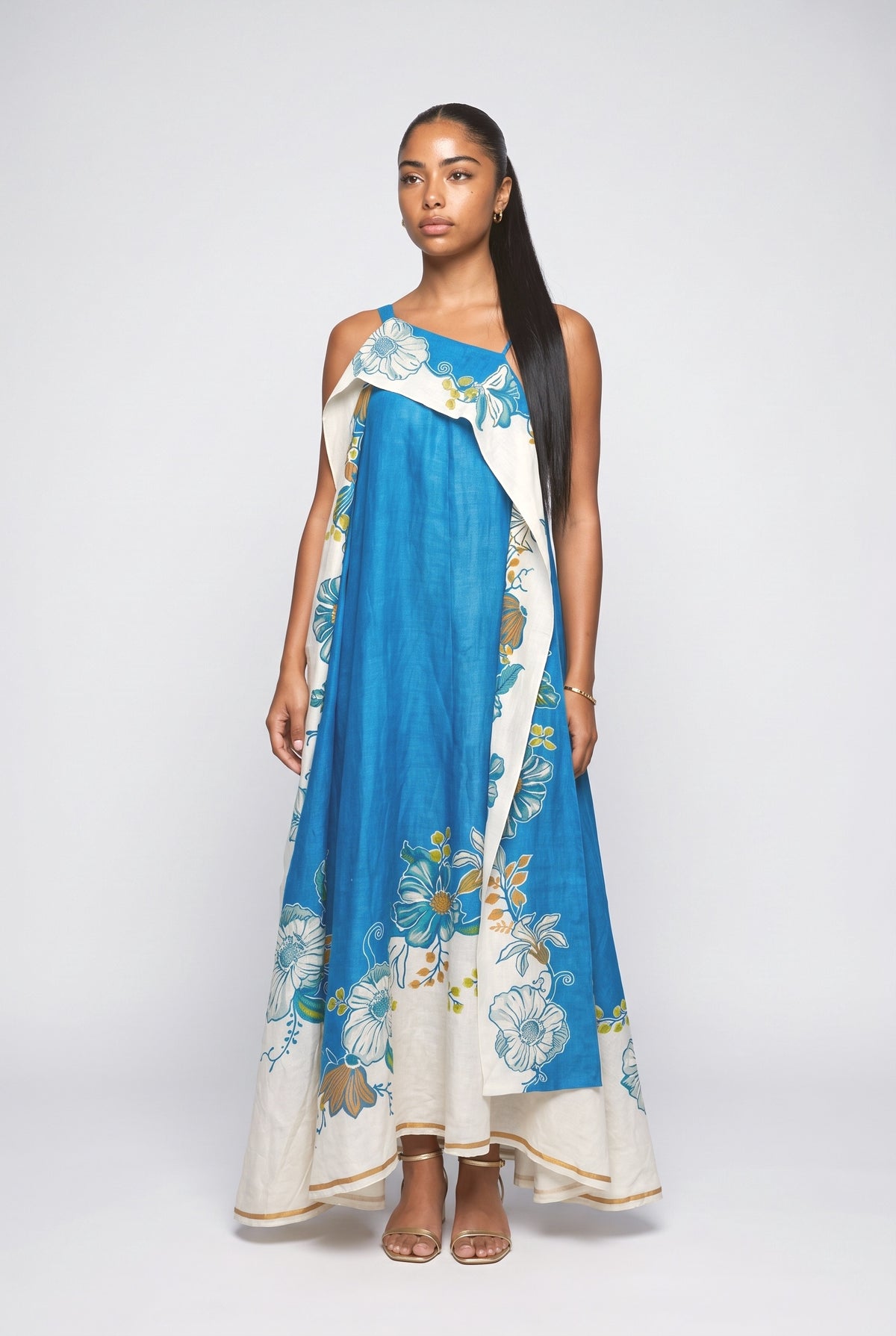 Blue Tropical Strappy Asymmetric Maxi Dress, blue