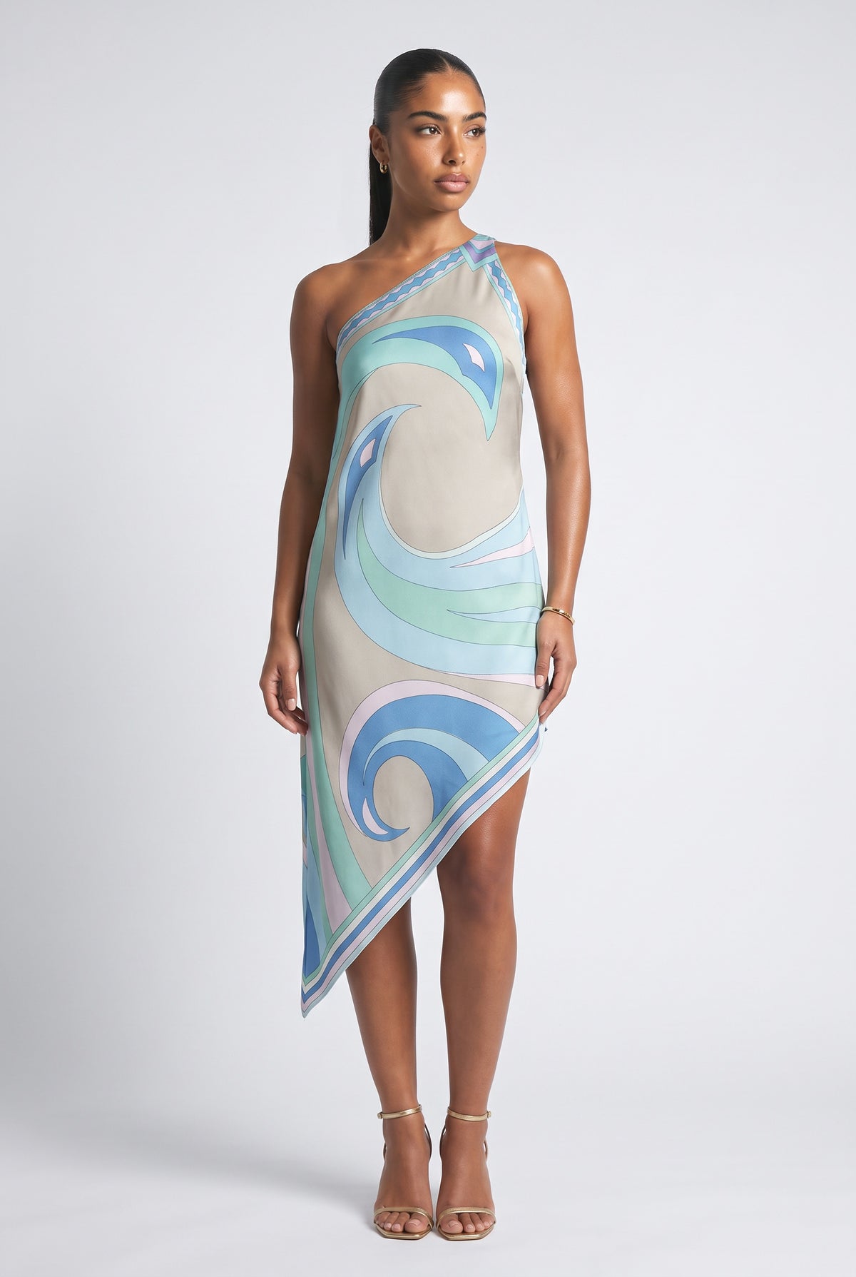 Blue Satin One-Shoulder Midi Dress, blue