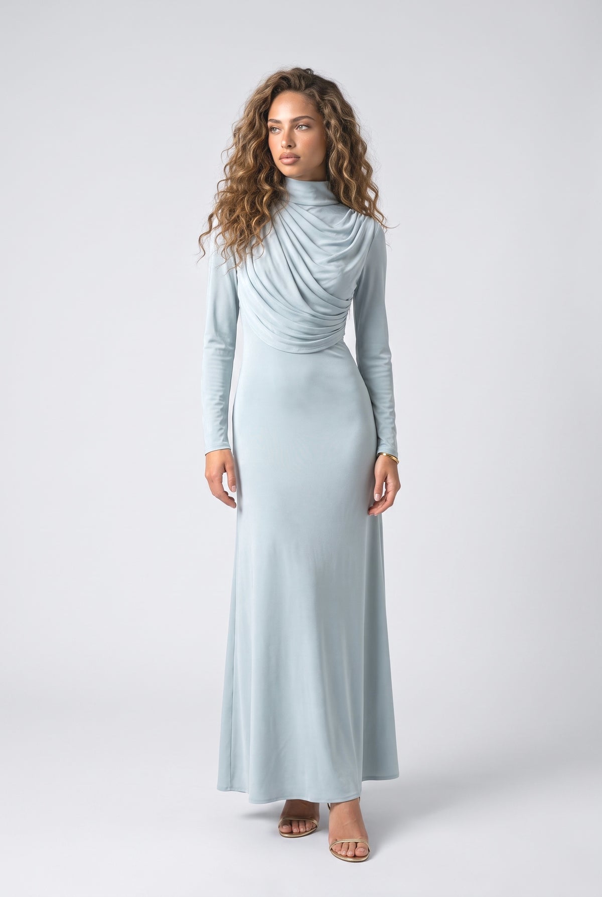 Pleated Design Ribbon Maxi Dress, blue