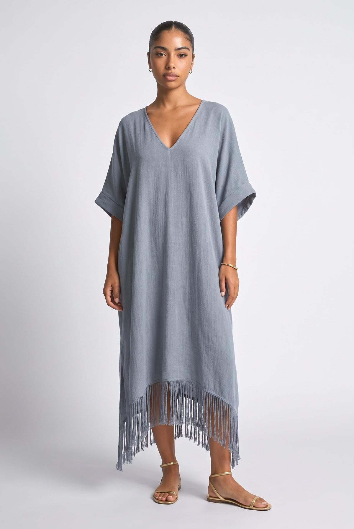 V-Neck Tassel Design Maxi Dress, blue