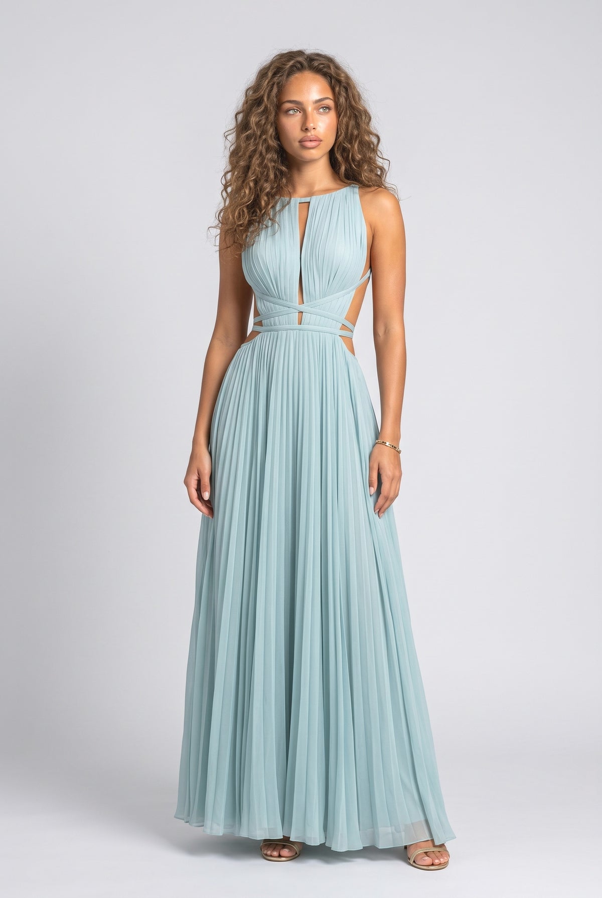 Blue Sleeveless Pleated Maxi Dress, blue