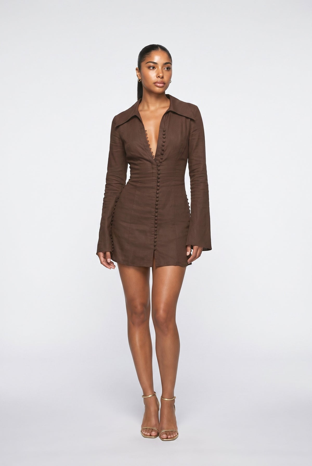 Button-Front Flared Sleeve Shirt Mini Dress, blue