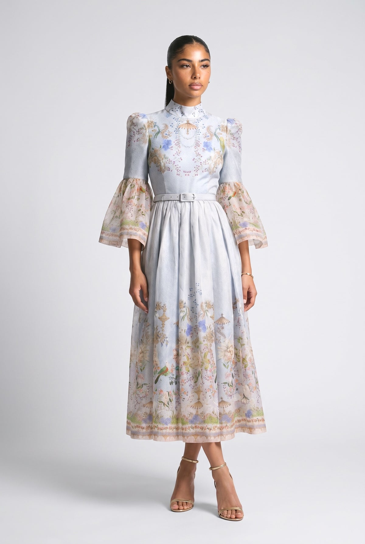 Garden Print Flared Sleeve Midi Dress, blue