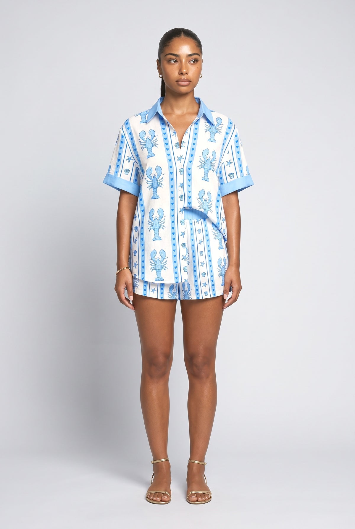 Vacation Lobster Print Shorts Two-Piece Set, blue