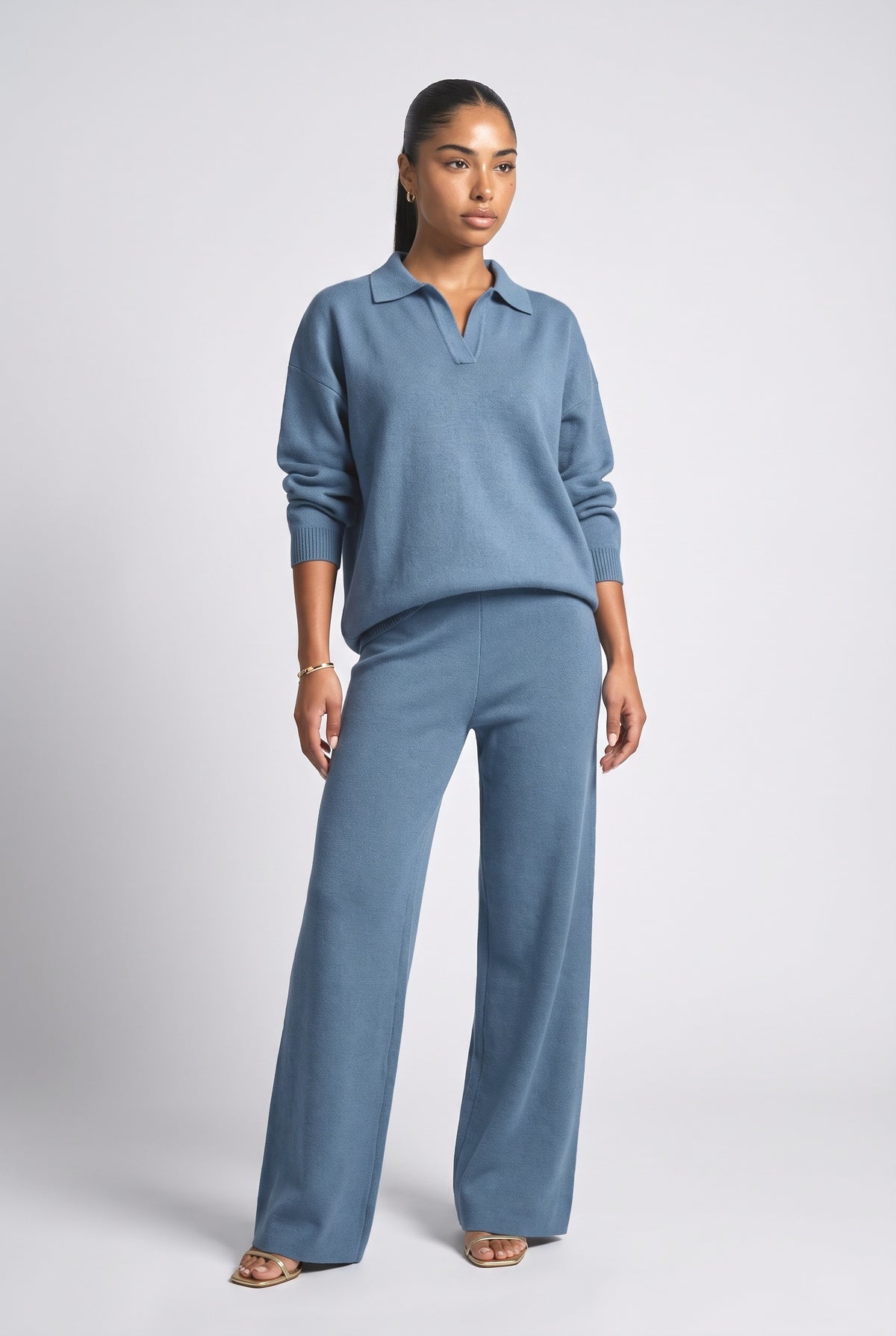 Polo Neck Knitted Pullover Wide Leg Pants Two-Piece Sets, blue