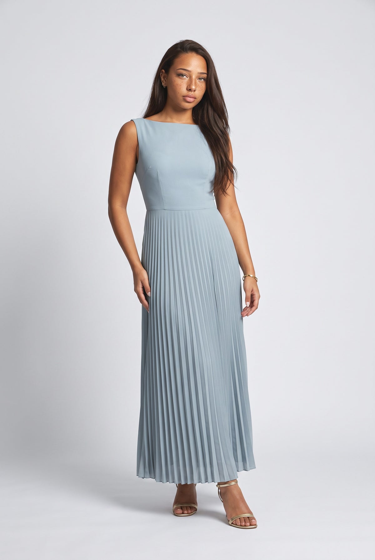 Pleated Boat Neck Pleated Maxi Dress, blue