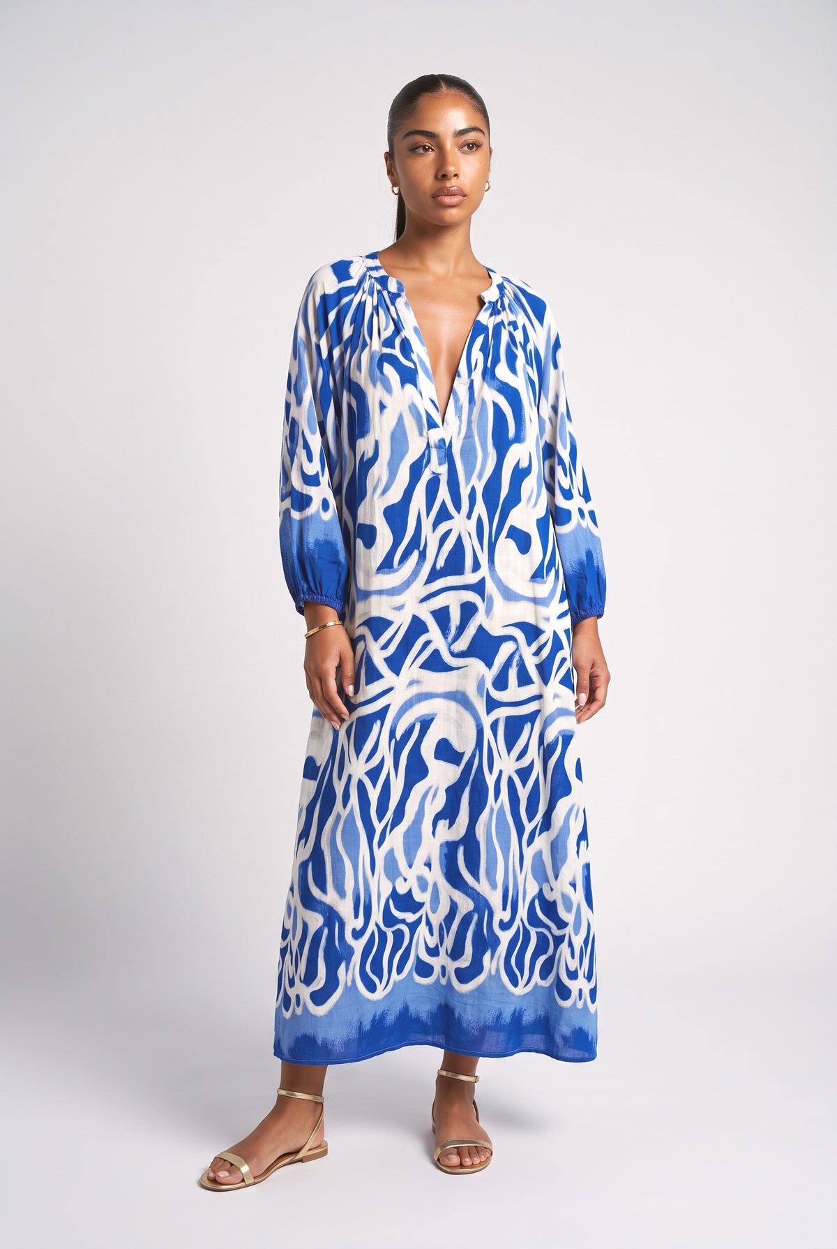 Print V-Neck Relaxed Dress, blue