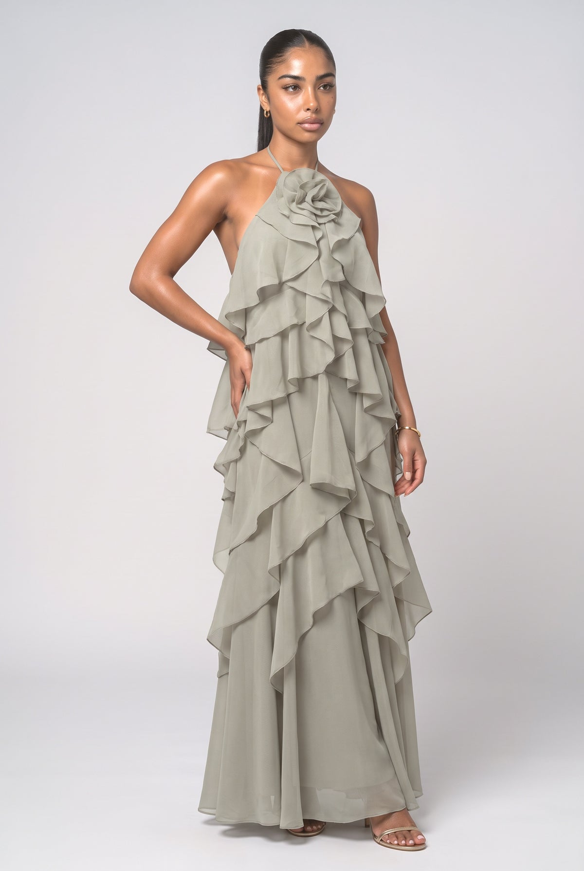 3D Flower Ruffle Halter Maxi Dress, brick red