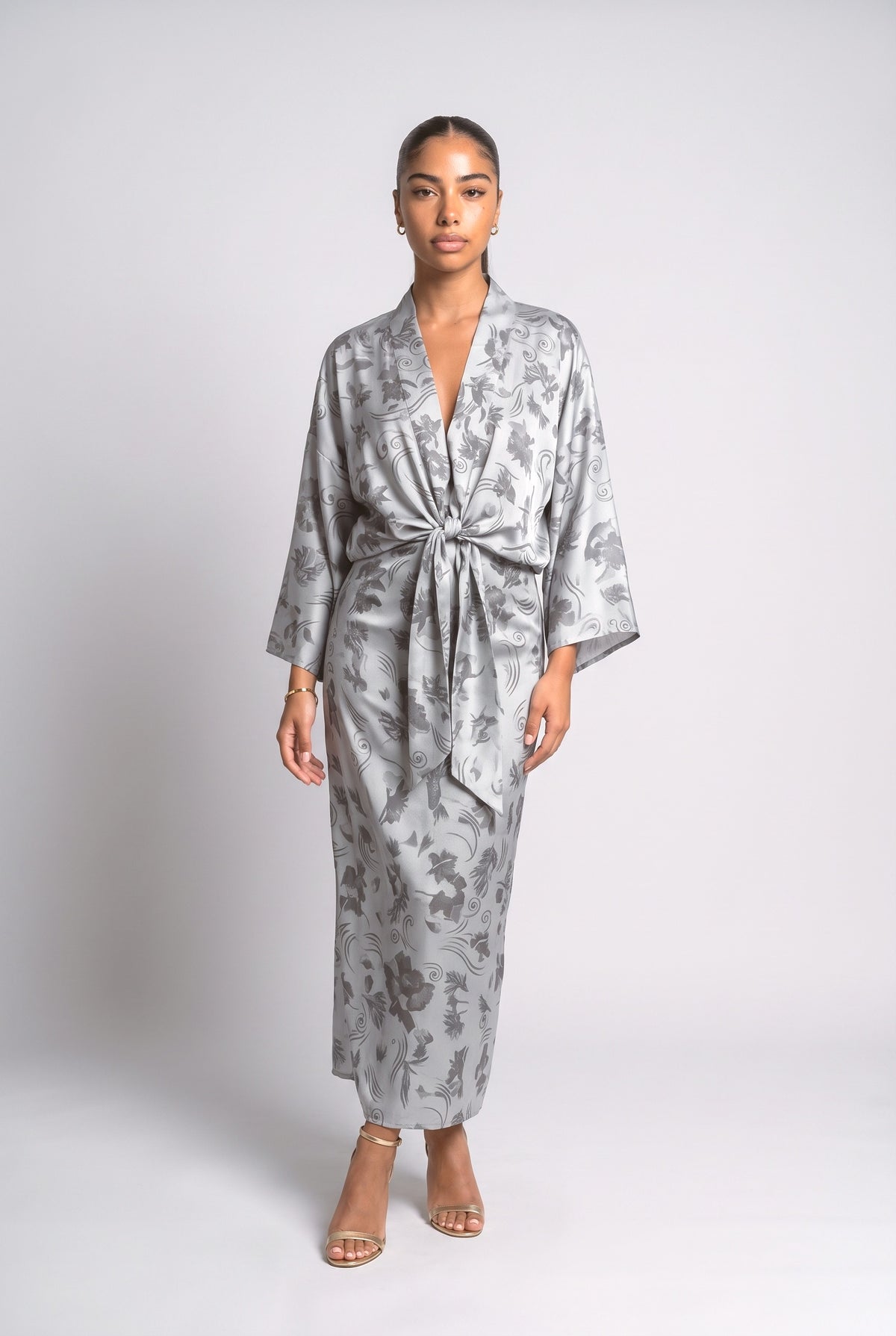 Print V-Neck Slit Maxi Dress, brown green
