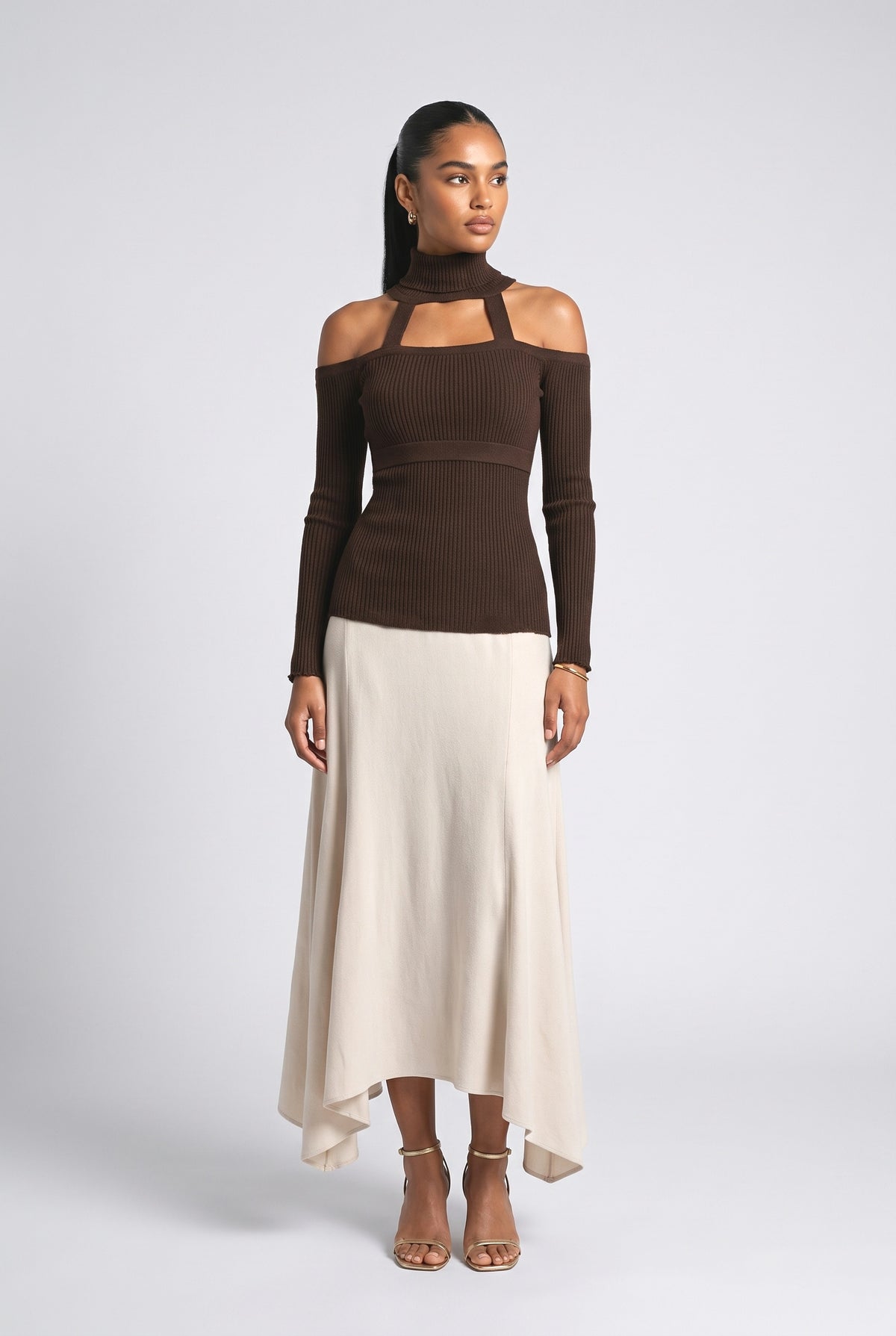 Brown High Neck Cutout Outfit Set, brown set