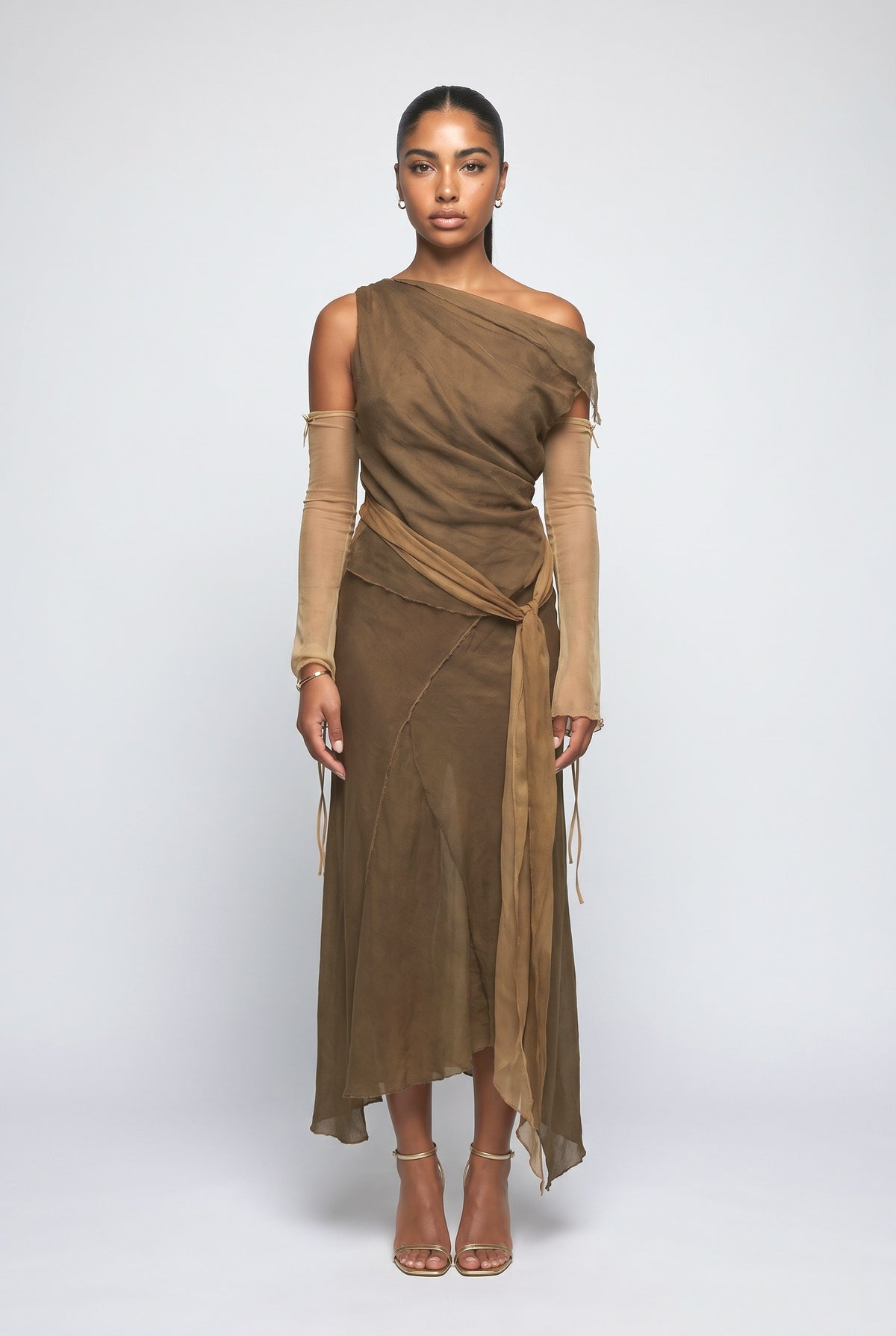 Brown Off-Shoulder Draped Outfit Set, brown set
