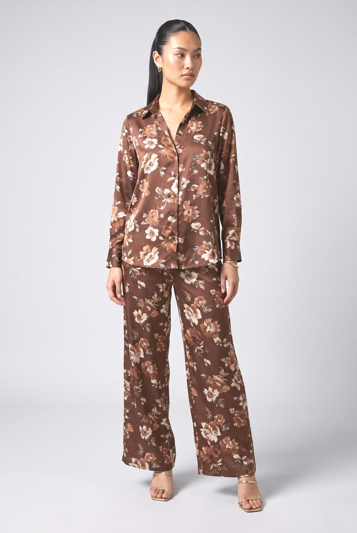 Floral Satin Outfit Set, brown set