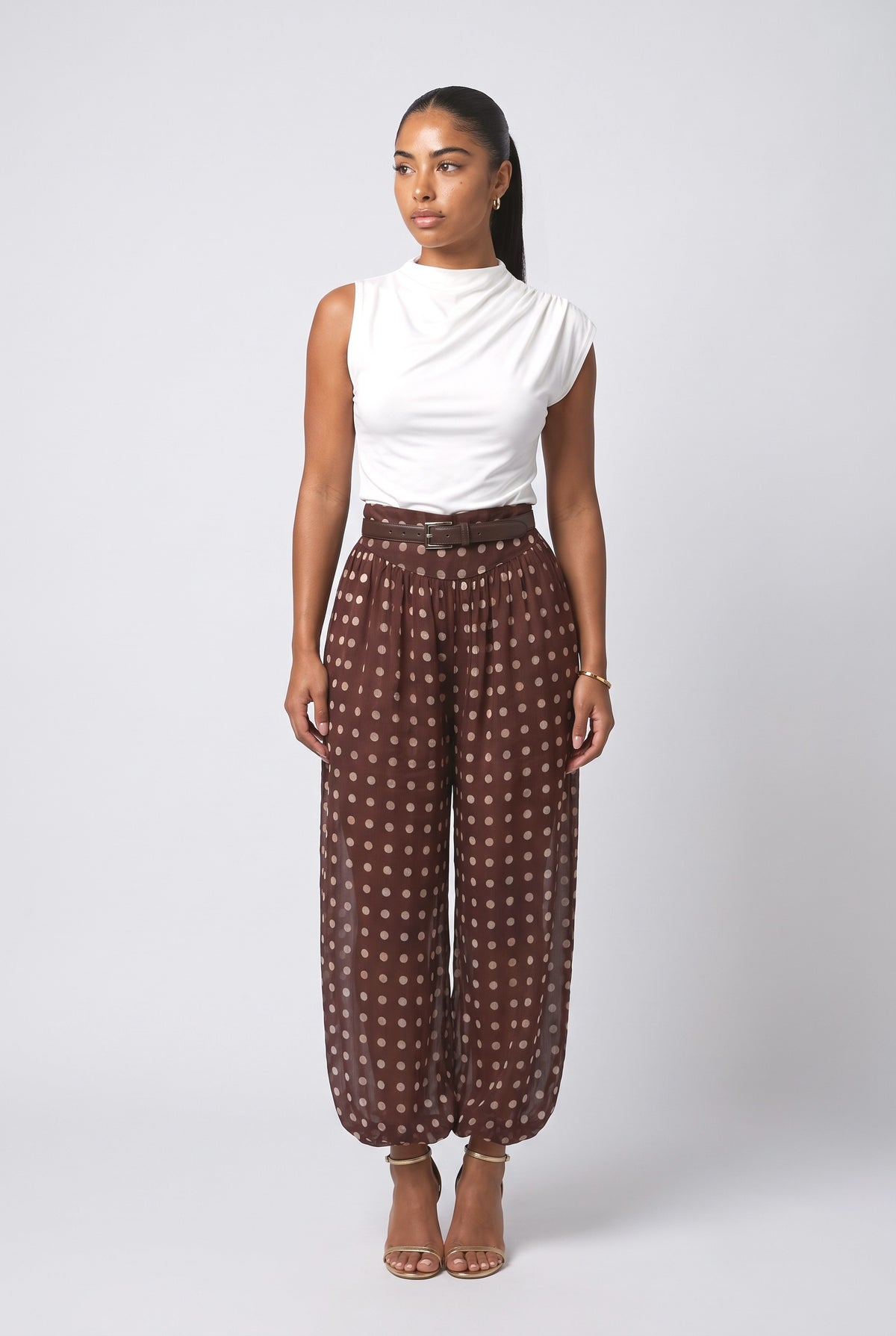 Brown Polka Dot Chiffon Outfit Set, brown set