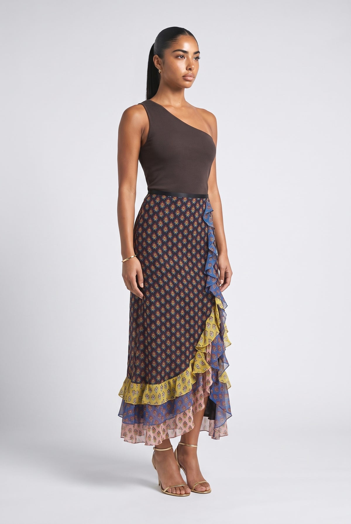 One-Shoulder Tiered Outfit Set, brown top