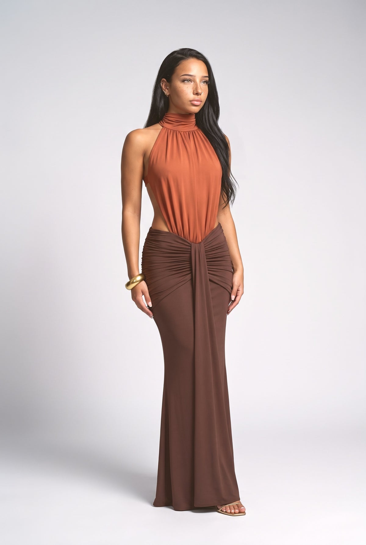 Brown Halter Neck Ruched Maxi Dress, brown