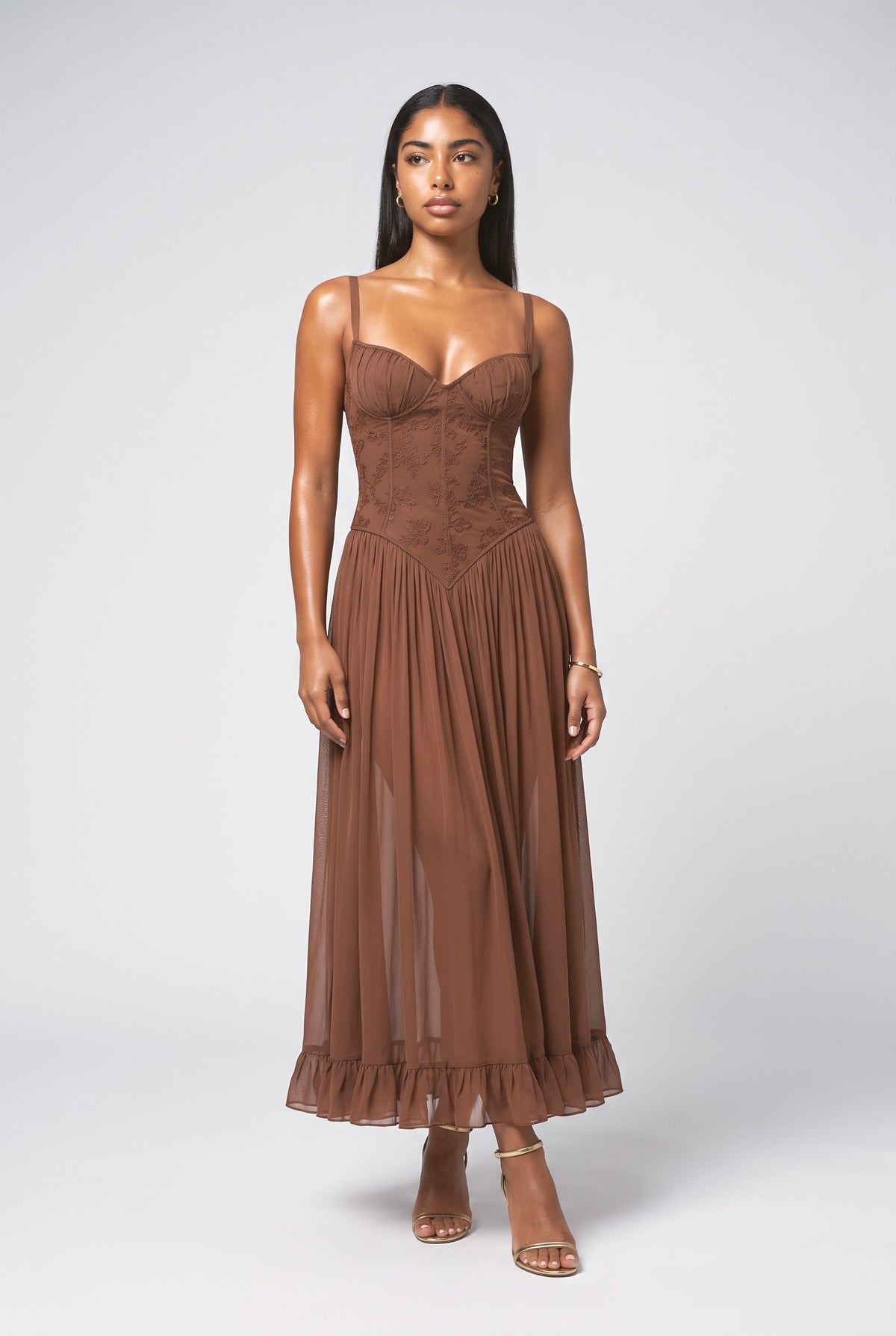 Brown Chiffon Strappy Ruffle Maxi Dress, brown