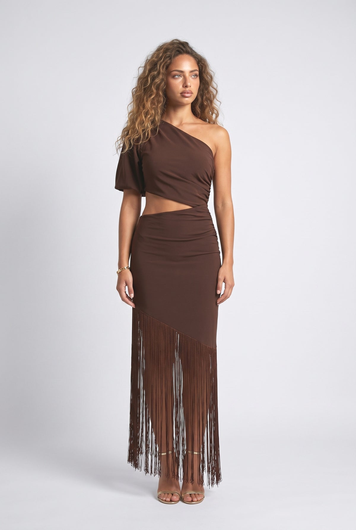 Brown One-Shoulder Fringe Maxi Dress, brown