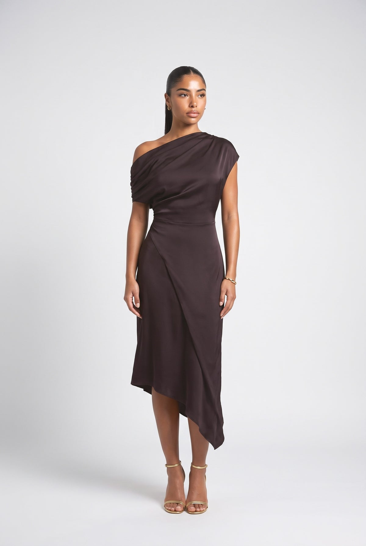 Brown Off-Shoulder Pleated Midi Dress, brown