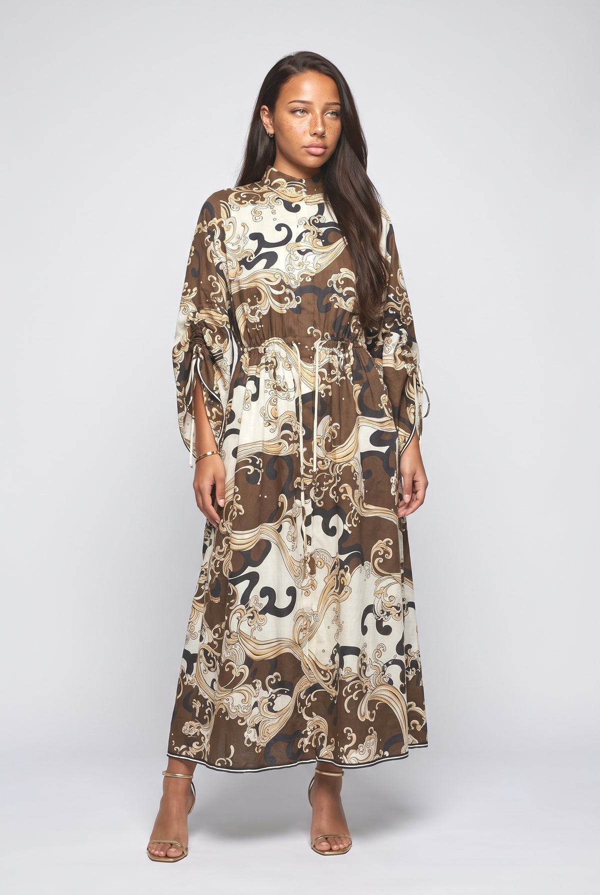 Brown Abstract Long Sleeve Maxi Dress, brown