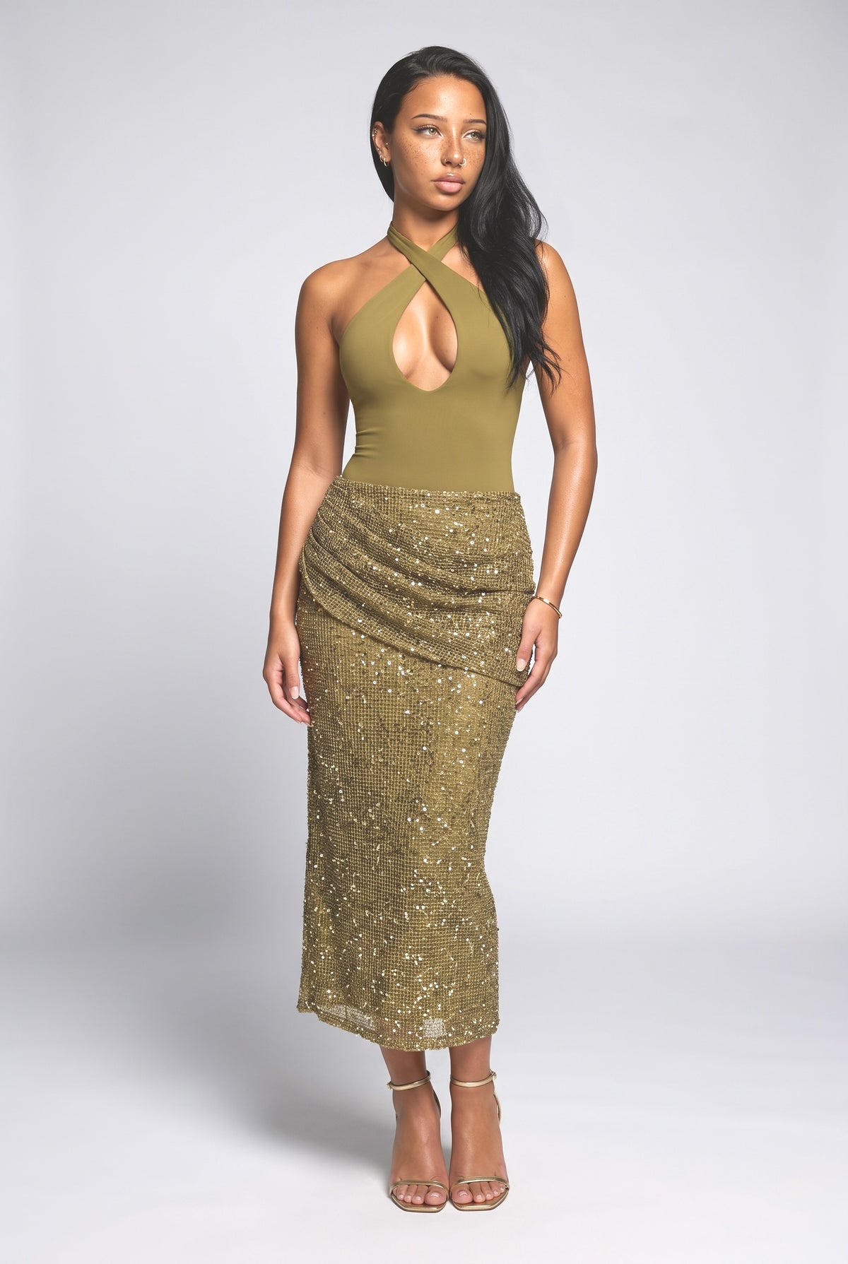 Sequin Halter Neck Cutout Maxi Dress, brown