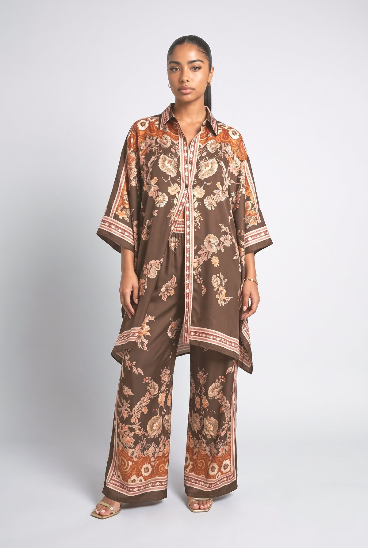 Brown Floral Satin Relaxed Outfit Set, brown