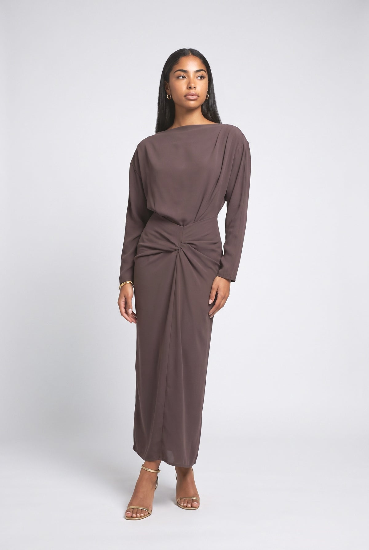 Boat Neck Pleated Slim Fit Maxi Dress, brown