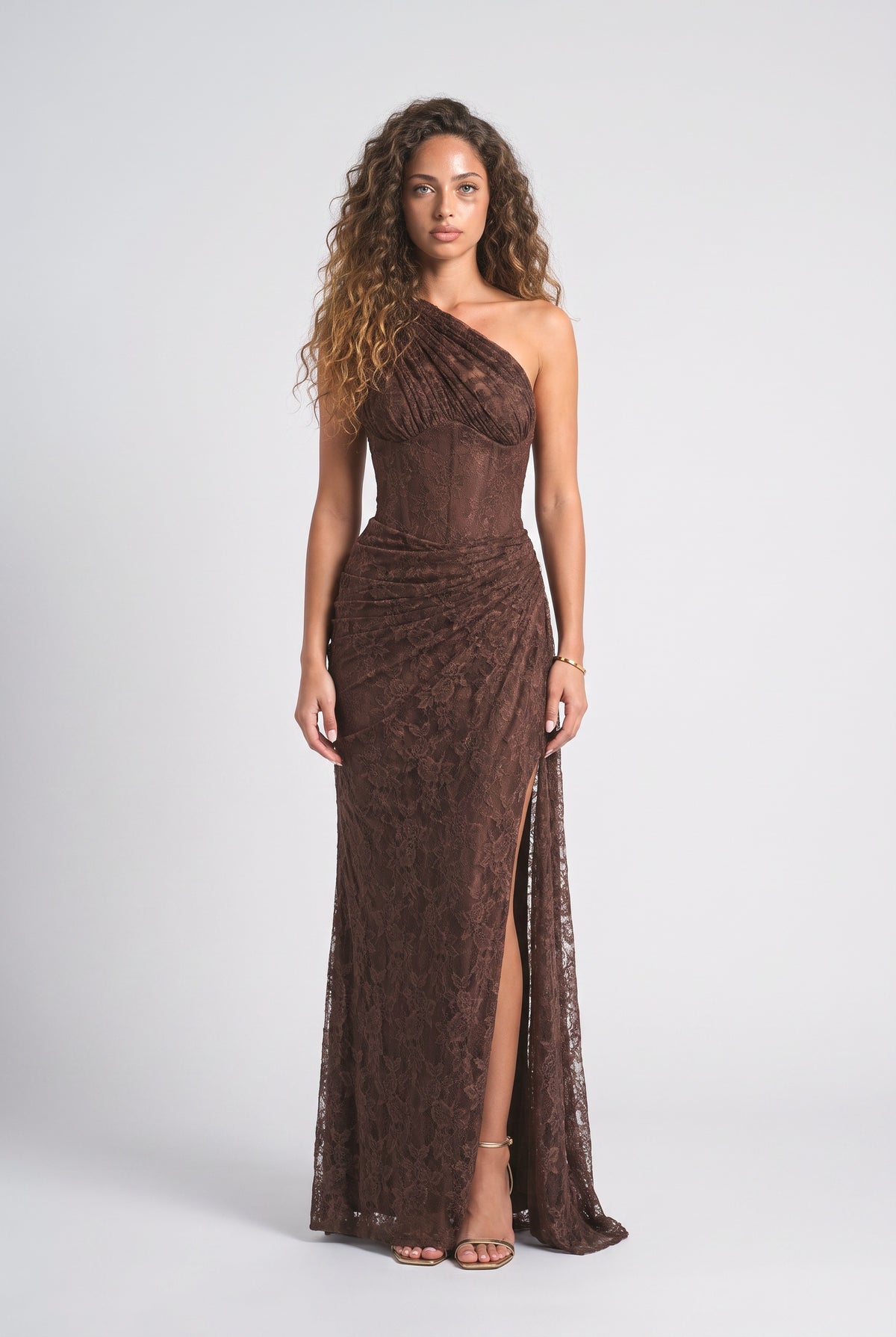 Lace One-Shoulder Draped Maxi Dress, brown