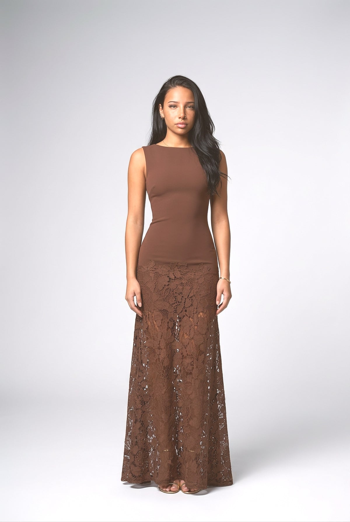 Brown Lace Sleeveless Mermaid Maxi Dress, brown