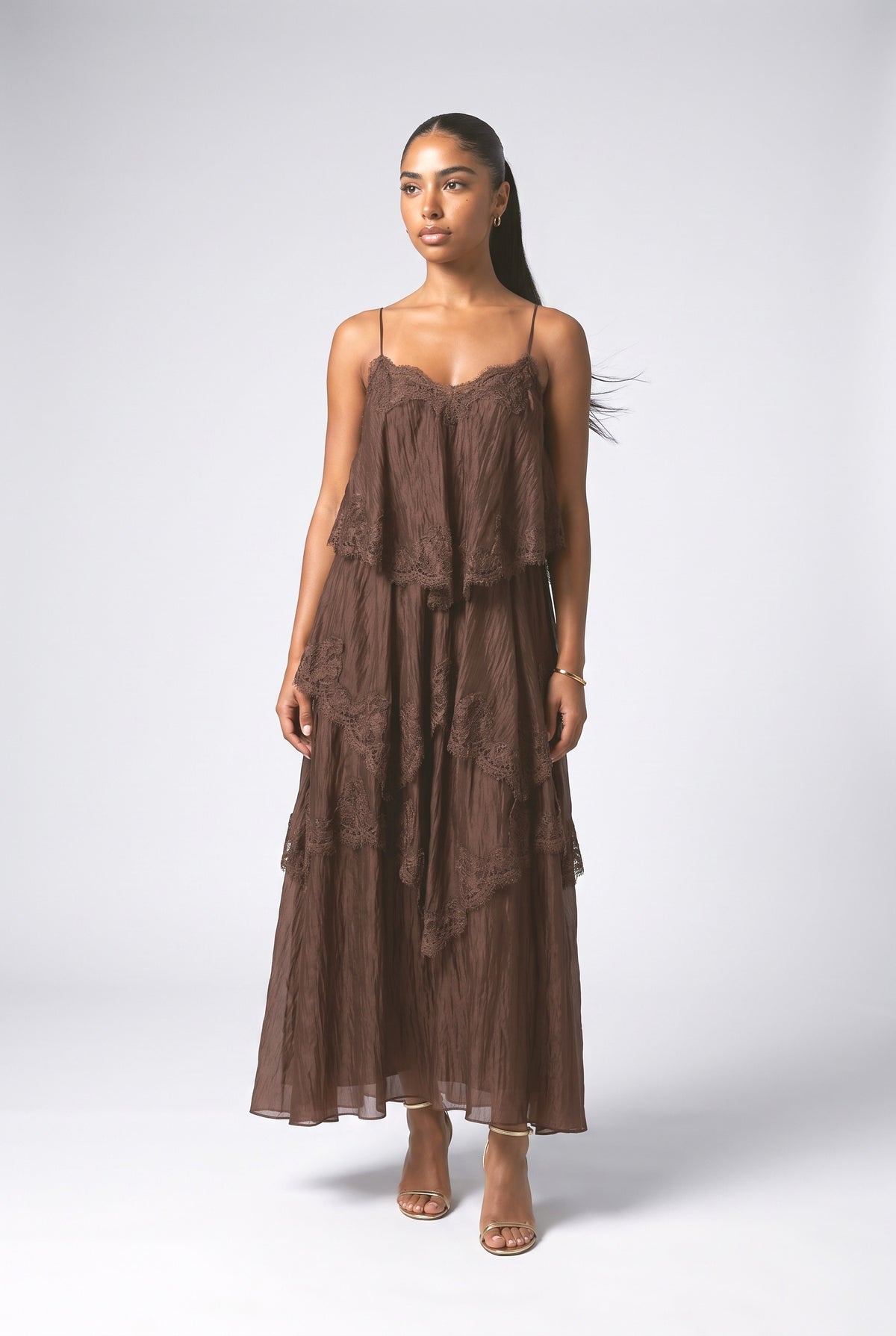 Layered Lace-Trim Spaghetti Strap Maxi Dress, brown