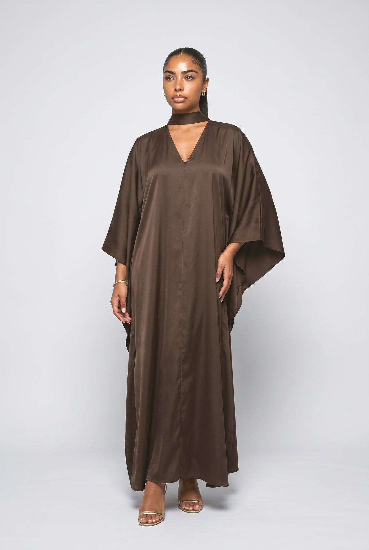 Satin Choker Neck Batwing Sleeve Kaftan Maxi Dress, brown