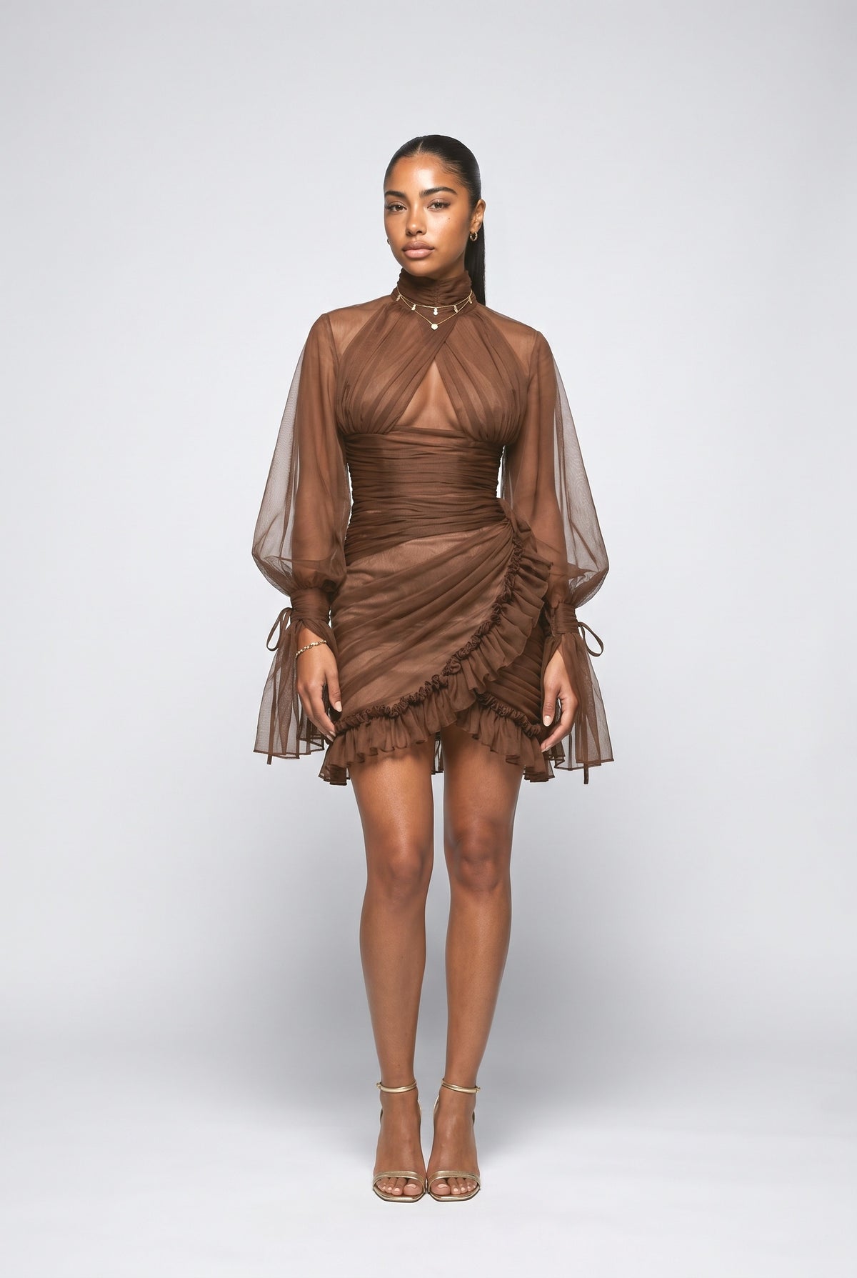 Tulle Pleated Mini Dress, brown