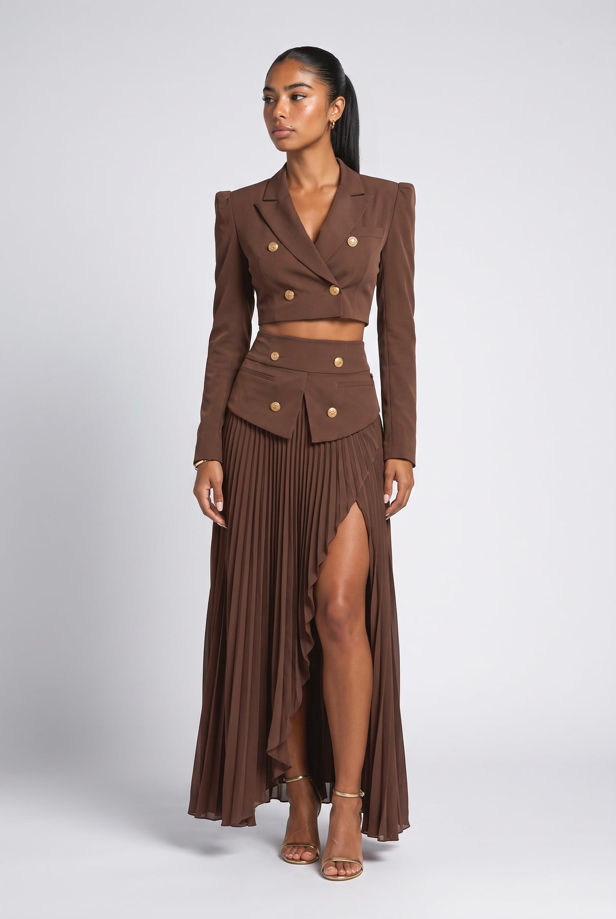 Short Blazer Top and Pleated Skirt Set, brown