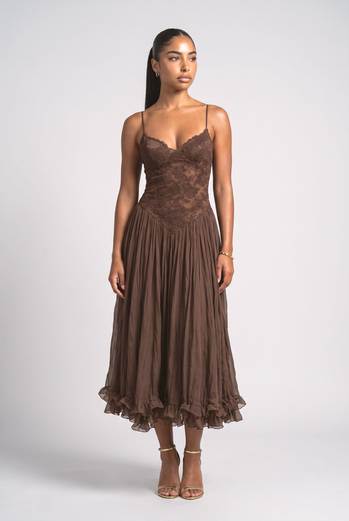 Brown Lace V-Neck Ruffle Midi Dress, brown