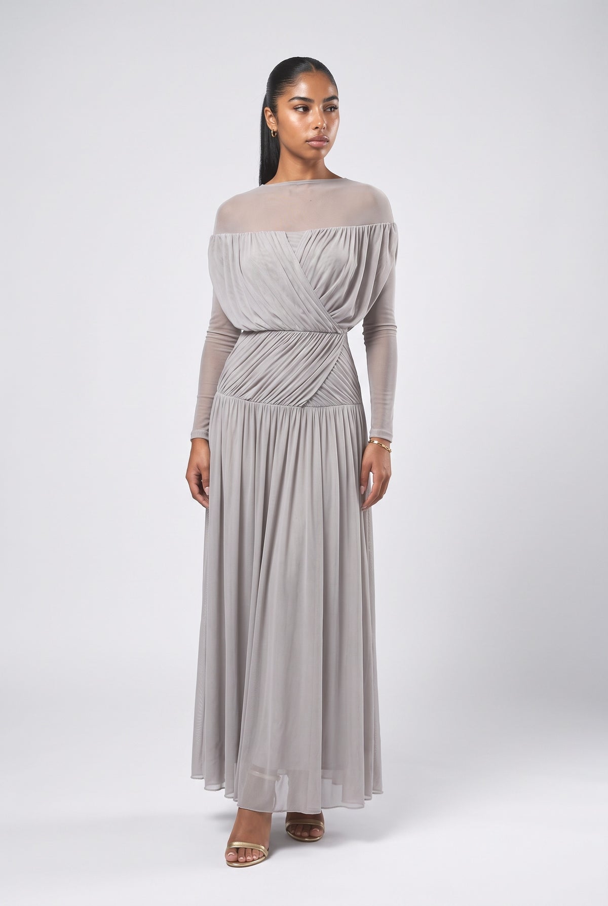 Brown Mesh Ruched Maxi Dress, brown