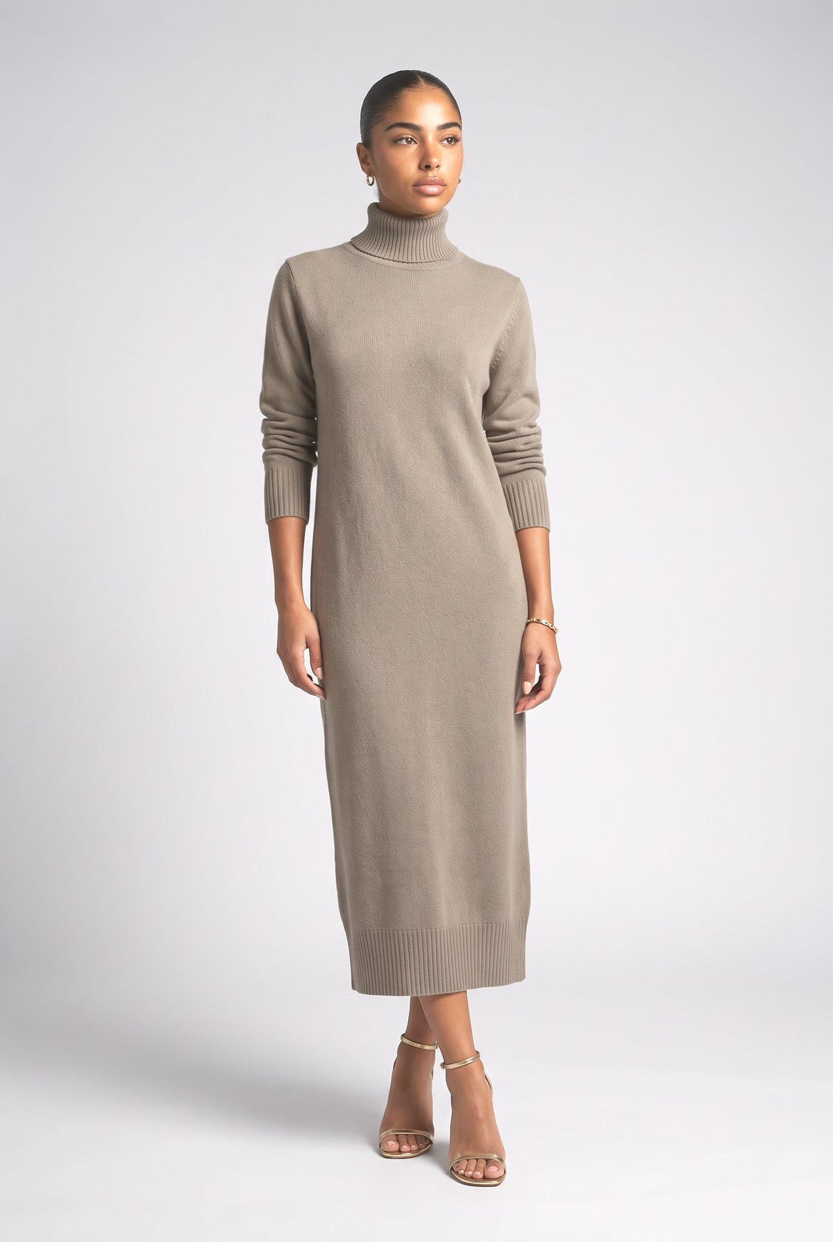 Knit High Neck Relaxed Midi Dress, brown