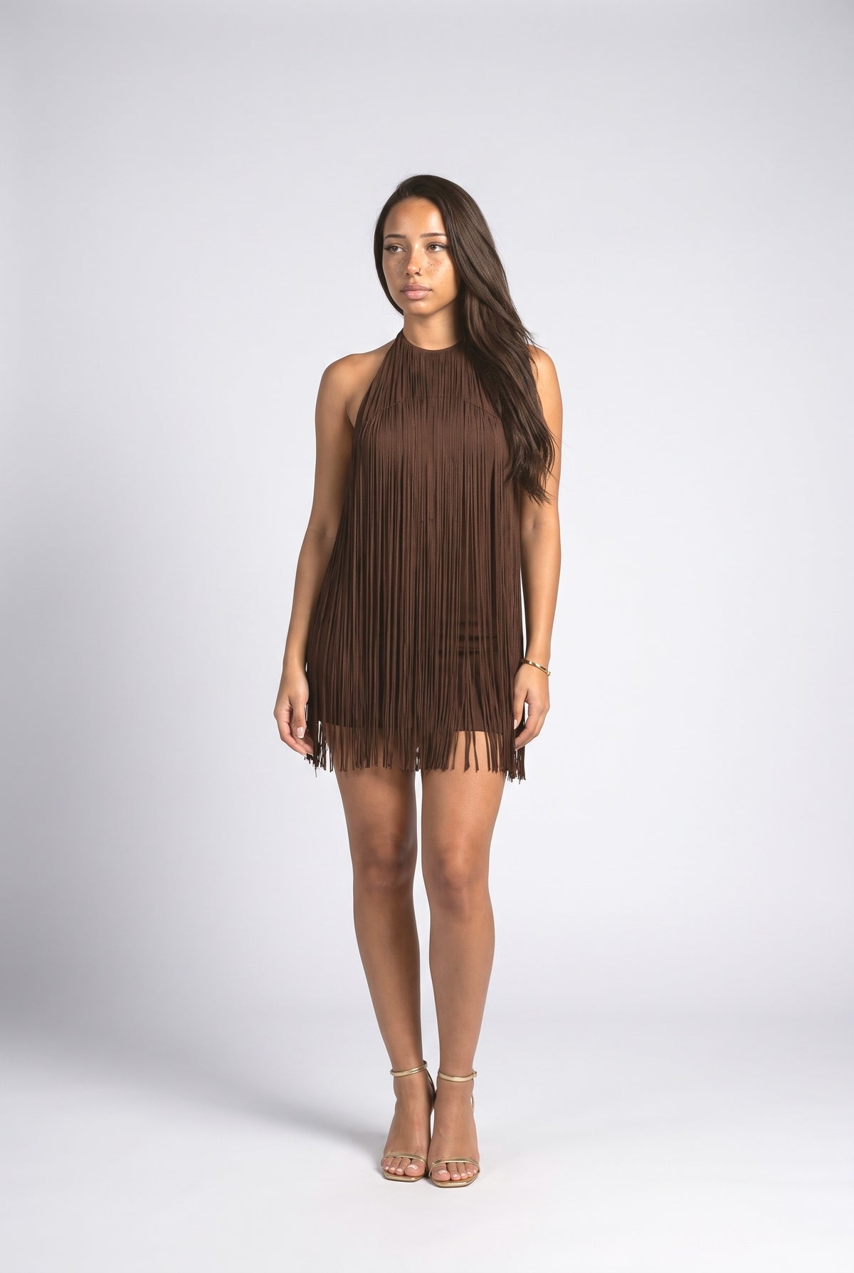 Brown Halter Neck Mini Dress, brown