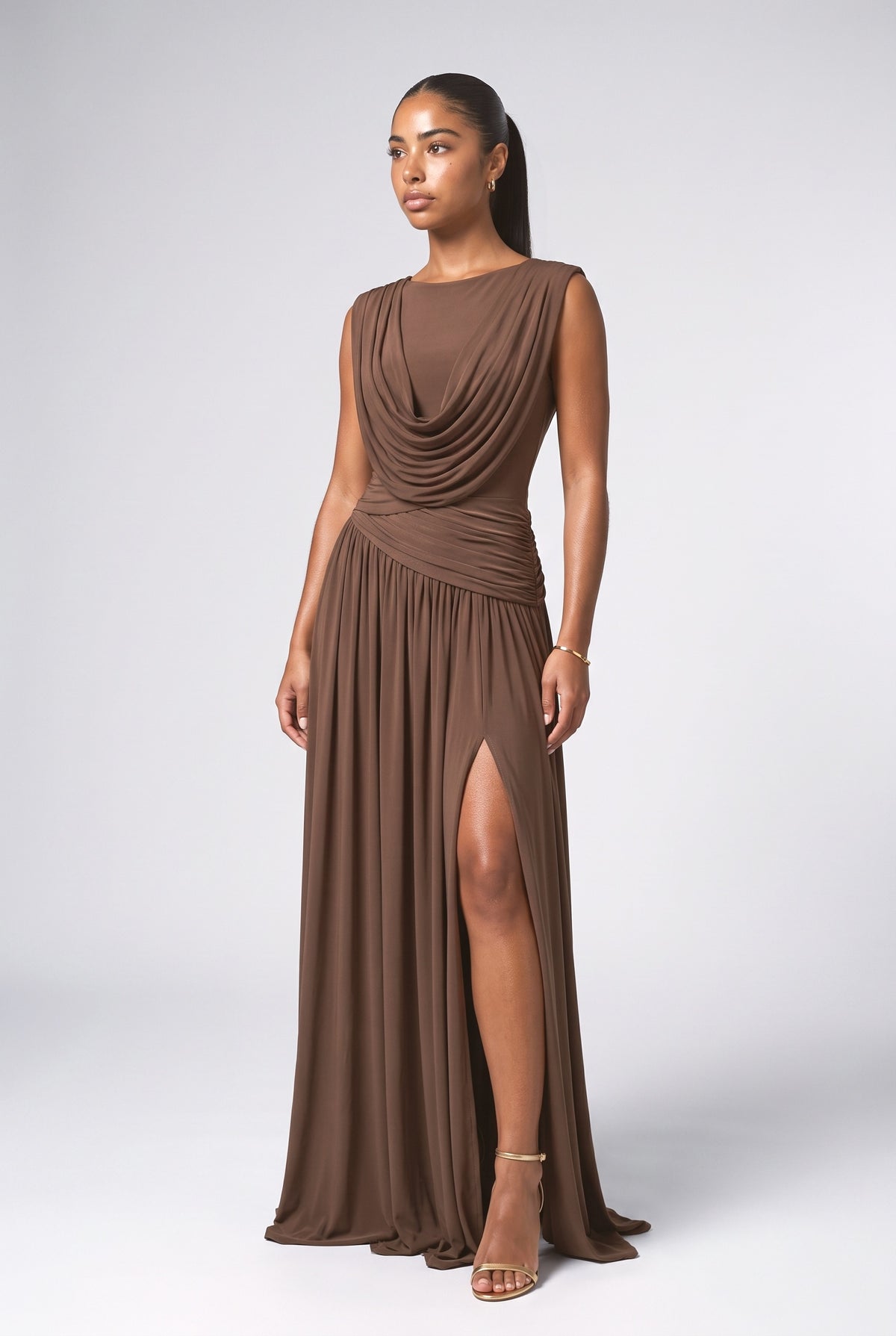 Draped Ruched High Slit Party Maxi Dress, brown