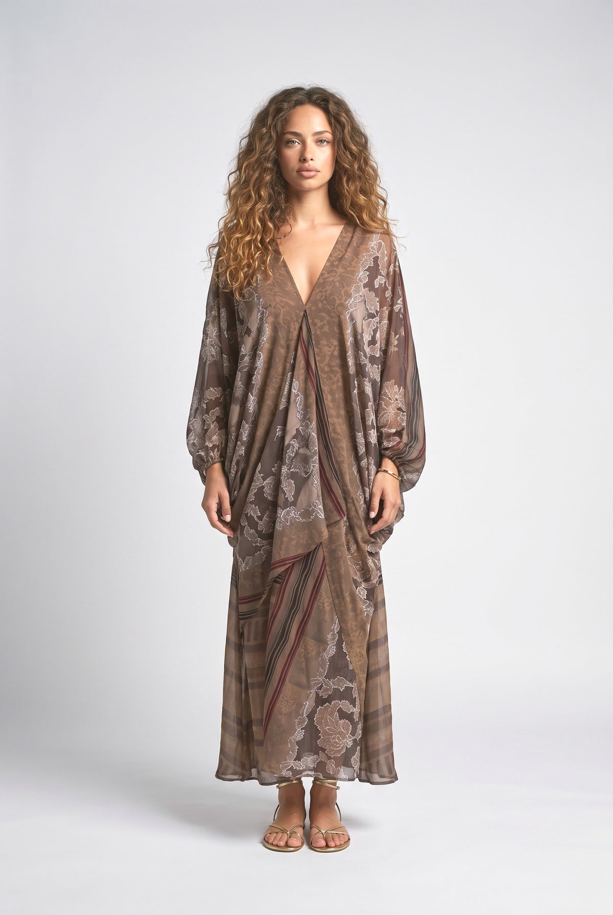 Brown Chiffon V-Neck Maxi Dress, brown