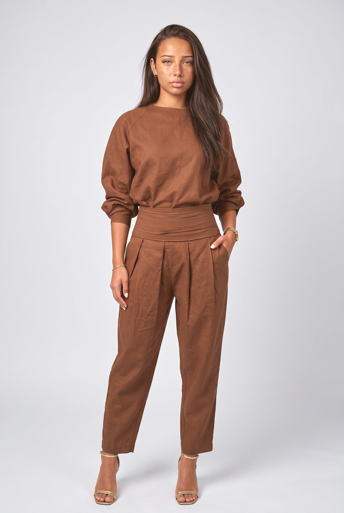 Brown Linen Oversized Top, brown