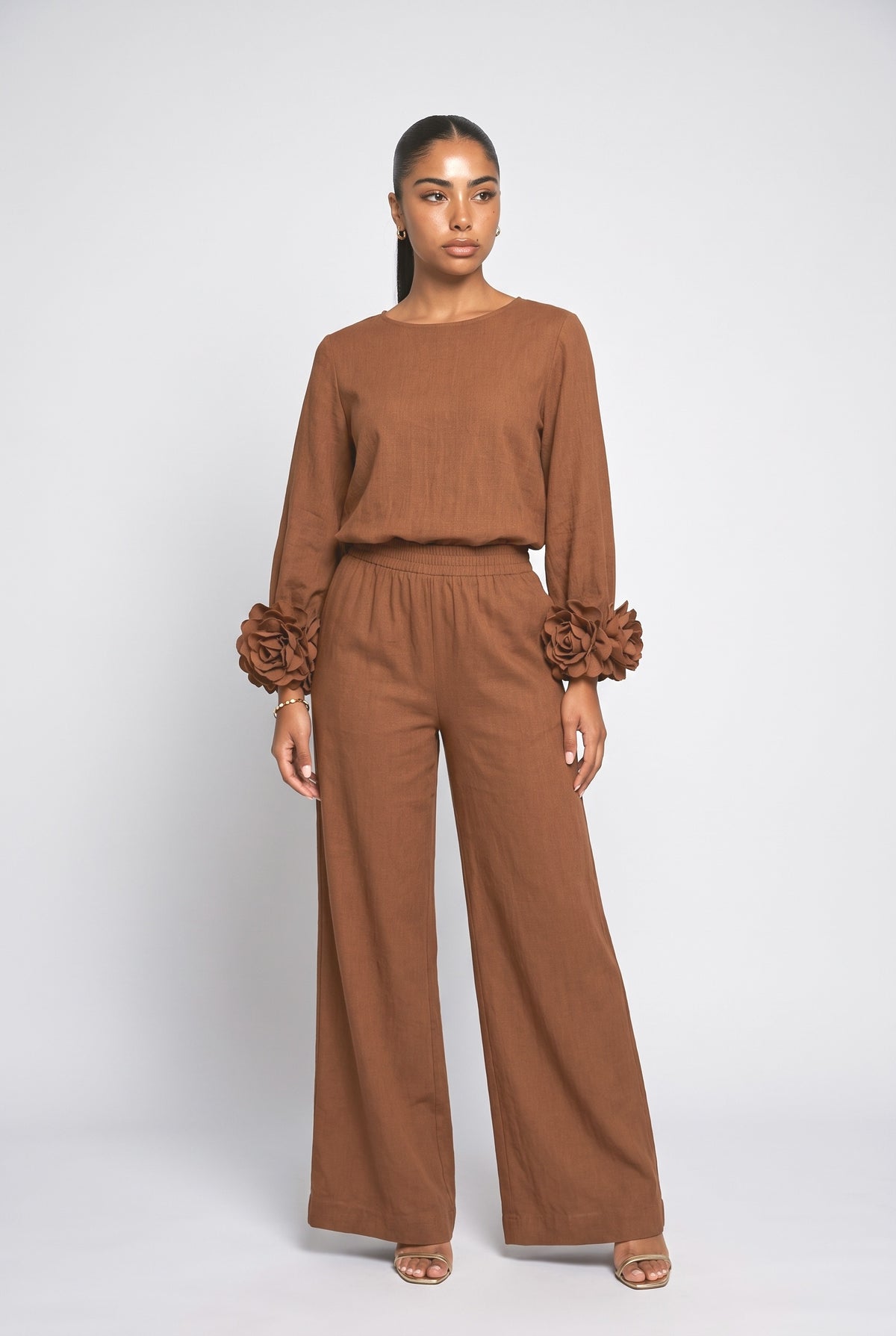 Floral Long Sleeve Outfit Set, brown