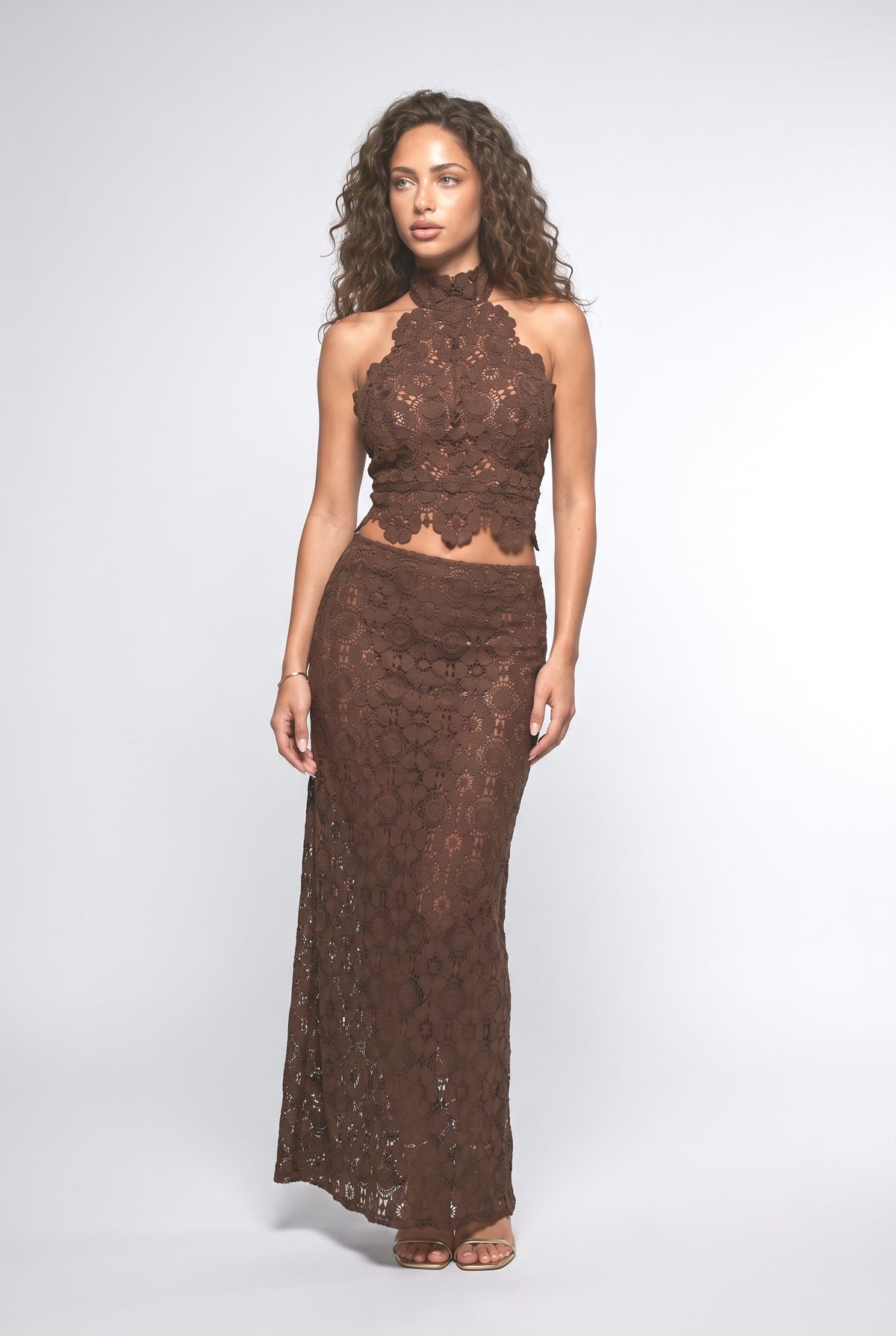 Brown Lace Halter Neck Outfit Set, brown