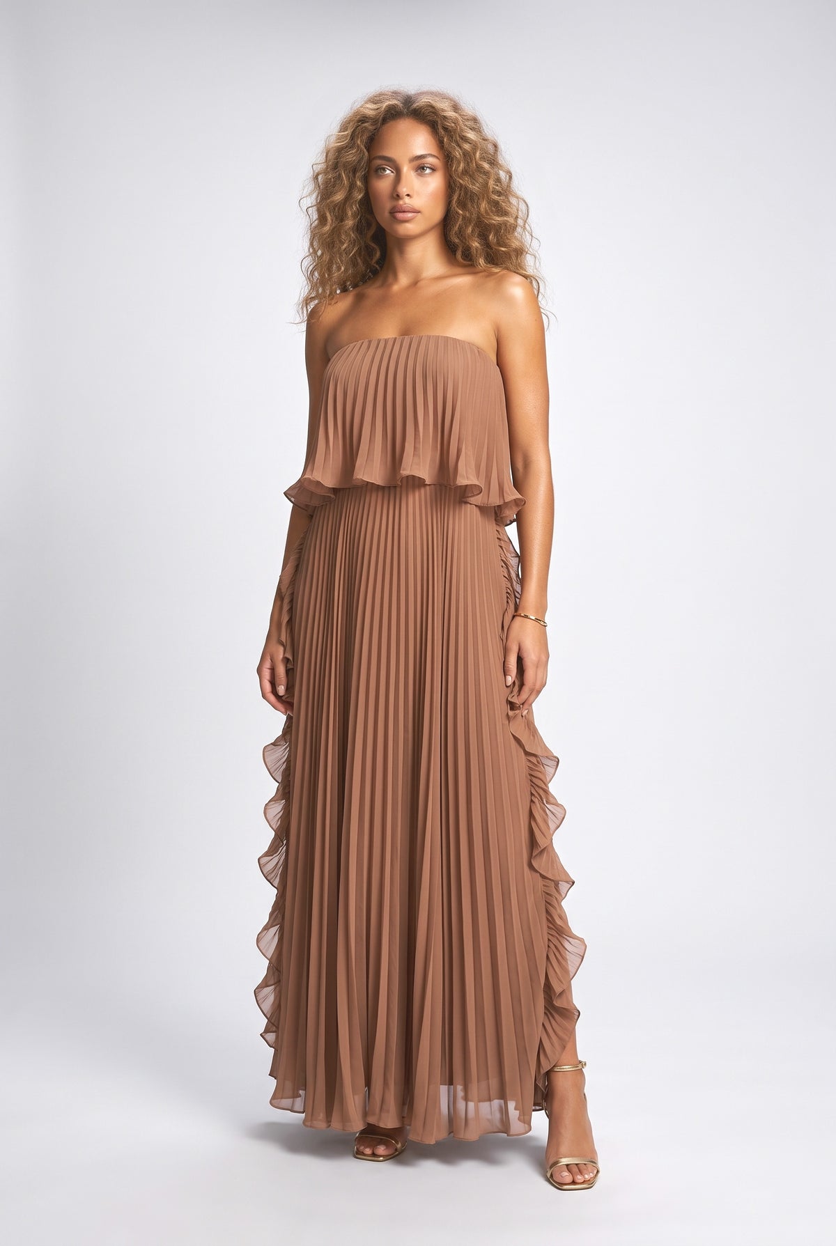 Chiffon Strapless Pleated Maxi Dress, brown